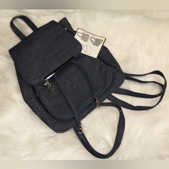 Women's Blue Canvas Drawstring Backpack Purse - Picture 2 of 9